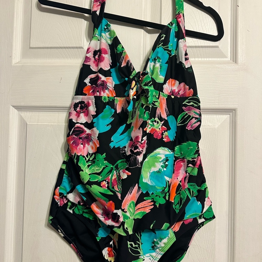 Catalina Black and Green One Piece Swimsuit V-Neck Halter